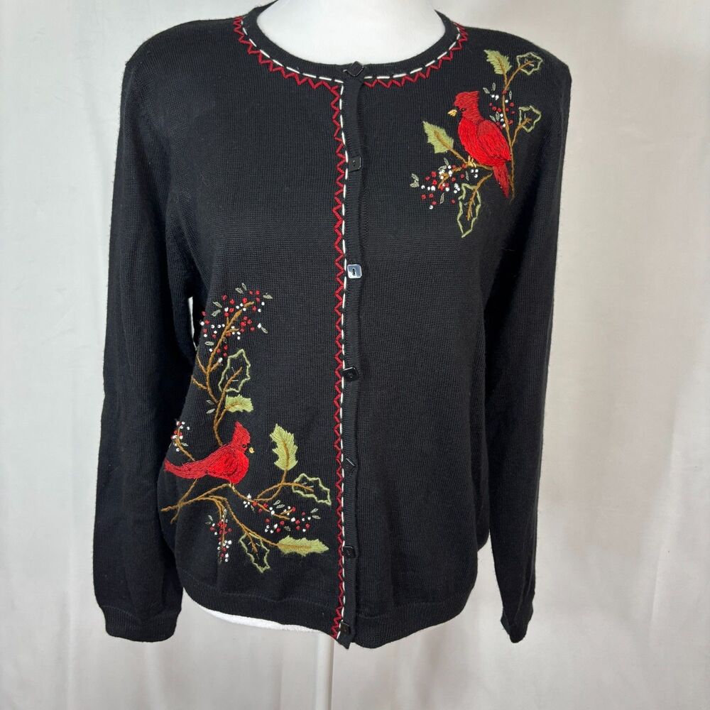 Alfred Dunner Cardigan Sweater‎ Petite L Black Embroidered Cardinal Birds Winter